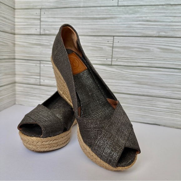 Tory Burch Filipa Espadrille Wedge Sandals | Sz 6 1/2 | Metallic Peter Canvas - Picture 2 of 6